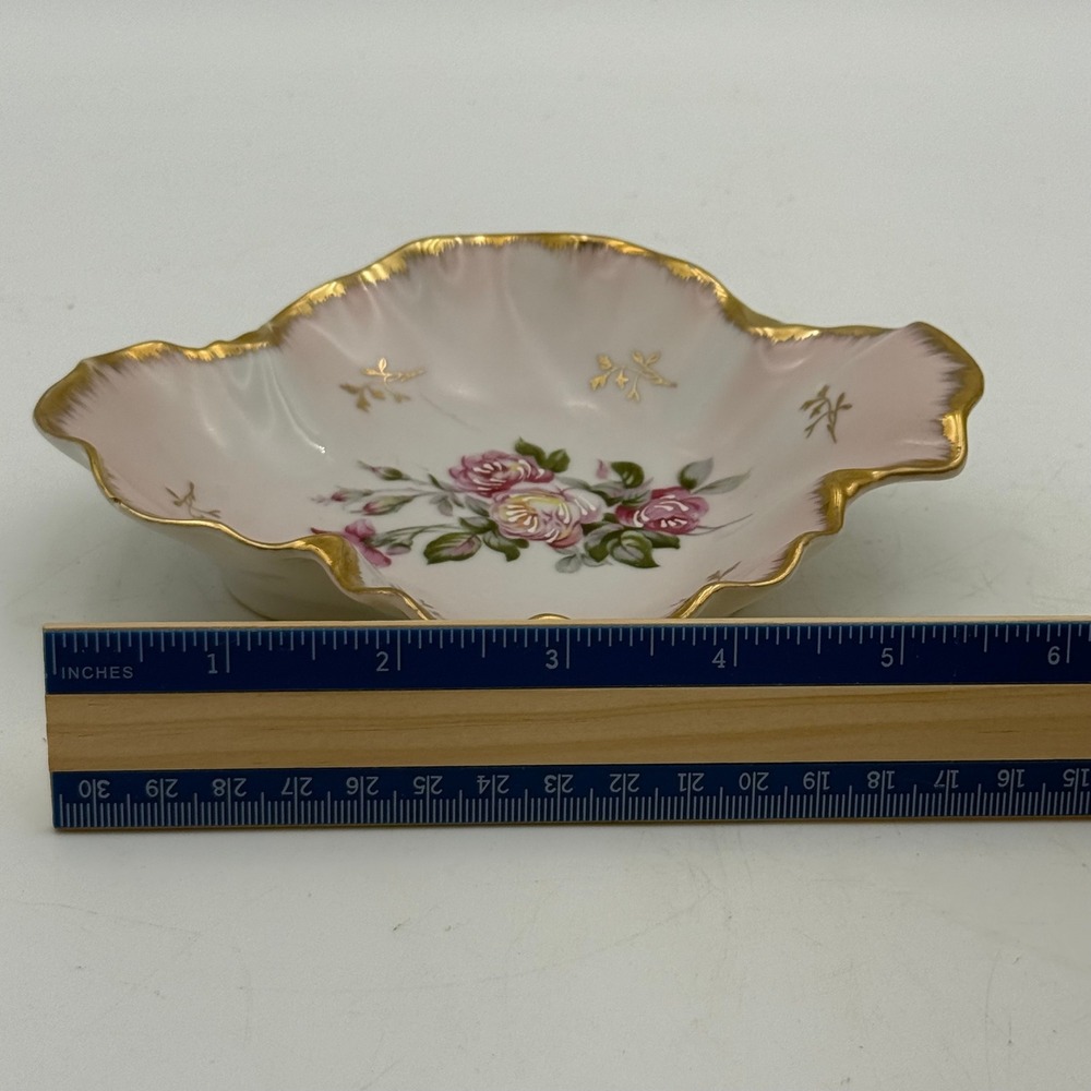 Lefton China Hand Painted Pink Rose Trinket Dish Gold Trim Scalloped Bowl - Picture 8 of 8